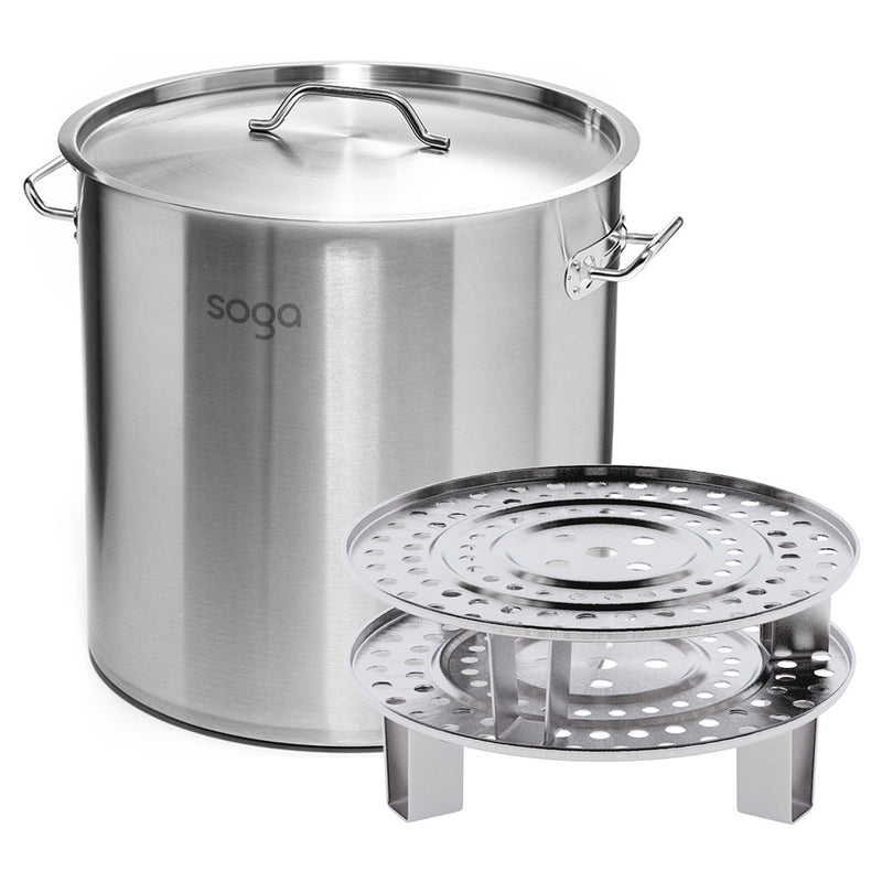 50L Stainless Steel Stock Pot with Two Steamer Rack Insert Stockpot Tray