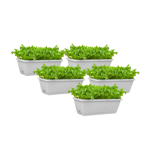 49.5cm White Rectangular Planter Vegetable Herb Flower Outdoor Plastic Box with Holder Balcony Garden Decor Set of 5