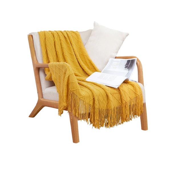 Yellow Diamond Pattern Knitted Throw Blanket Warm Cozy Woven Cover Couch Bed Sofa Home Decor with Tassels