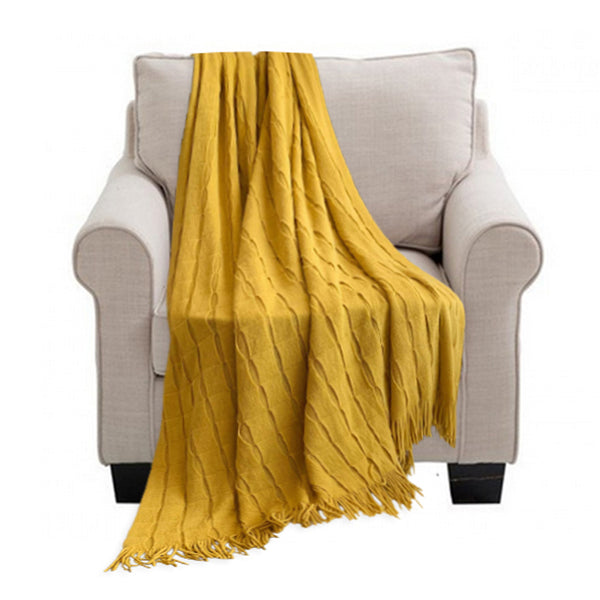 Mustard Textured Knitted Throw Blanket Warm Cozy Woven Cover Couch Bed Sofa Home Decor with Tassels