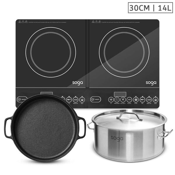 Dual Burners Cooktop Stove, 30cm Cast Iron Skillet and 14L Stainless Steel Stockpot