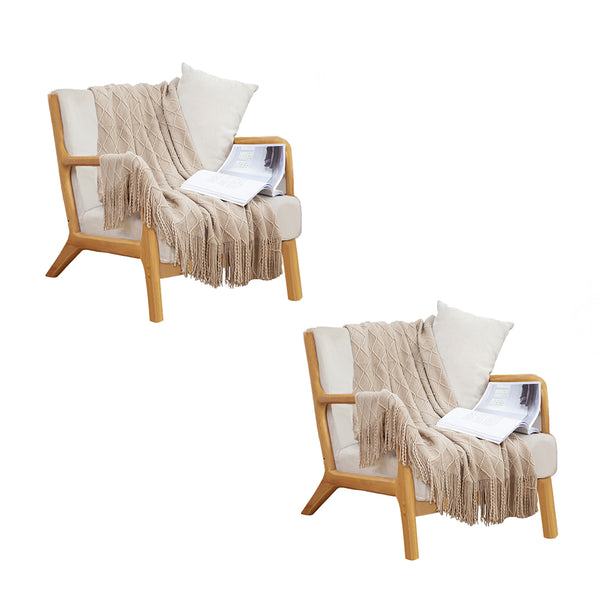 2X Beige Diamond Pattern Knitted Throw Blanket Warm Cozy Woven Cover Couch Bed Sofa Home Decor with Tassels