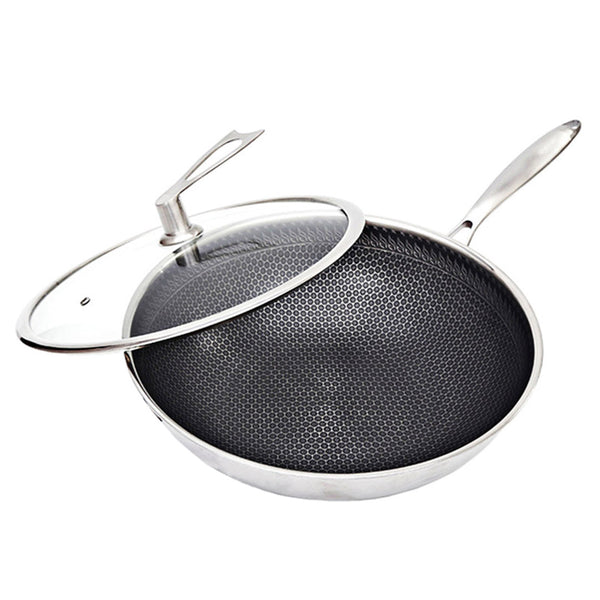 32cm Stainless Steel Tri-Ply Frying Cooking Fry Pan Textured Non Stick Interior Skillet with Glass Lid