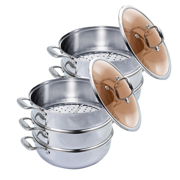 2X 3 Tier 28cm Heavy Duty Stainless Steel Food Steamer Vegetable Pot Stackable Pan Insert with Glass Lid