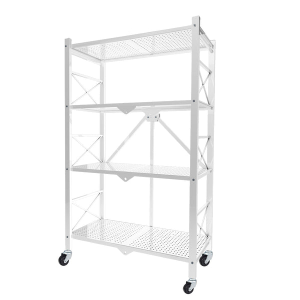 4 Tier Steel White Foldable Display Stand Multi-Functional Shelves Portable Storage Organizer with Wheels