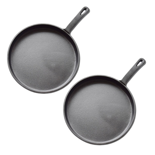 2X 26cm Round Cast Iron Frying Pan Skillet Griddle Sizzle Platter