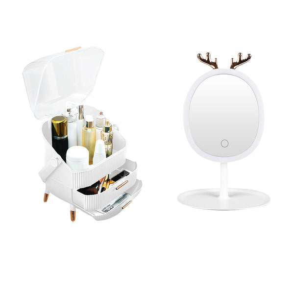 White Cosmetic Jewelry Storage Organiser with Antler LED Light Mirror Tabletop Vanity Set