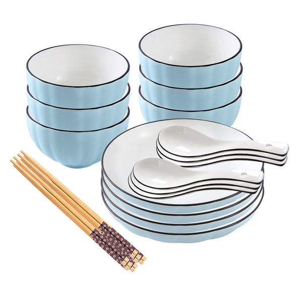 Blue Japanese Style Ceramic Dinnerware Crockery Soup Bowl Plate Server Kitchen Home Decor Set of 10