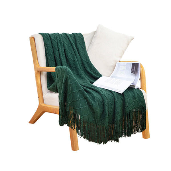 Green Diamond Pattern Knitted Throw Blanket Warm Cozy Woven Cover Couch Bed Sofa Home Decor with Tassels