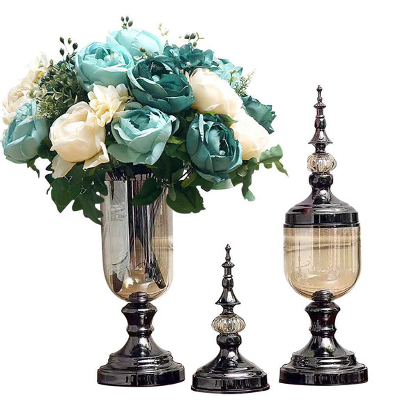 2X Clear Glass Flower Vase with Lid and Blue Flower Filler Vase Black Set