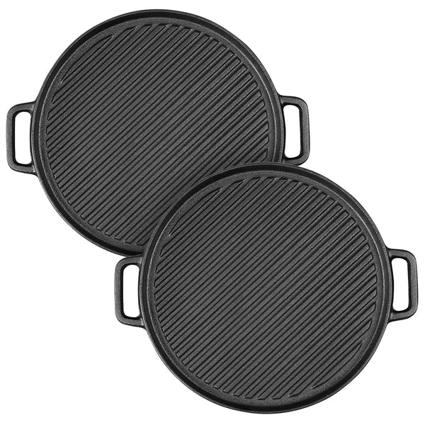 2X 30cm Round Cast Iron Ribbed BBQ Pan Skillet Steak Sizzle Platter with Handle
