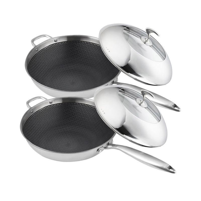 2X 18/10 Stainless Steel Fry Pan 32cm Frying Pan Top Grade Non Stick Interior Skillet with Helper Handle and Lid