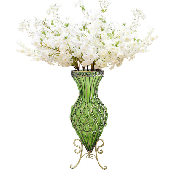 67cm Green Glass Tall Floor Vase with 10pcs White Artificial Fake Flower Set