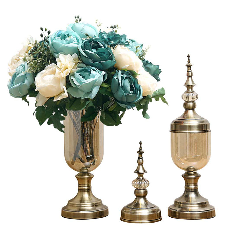2X Clear Glass Flower Vase with Lid and Blue Flower Filler Vase Bronze Set