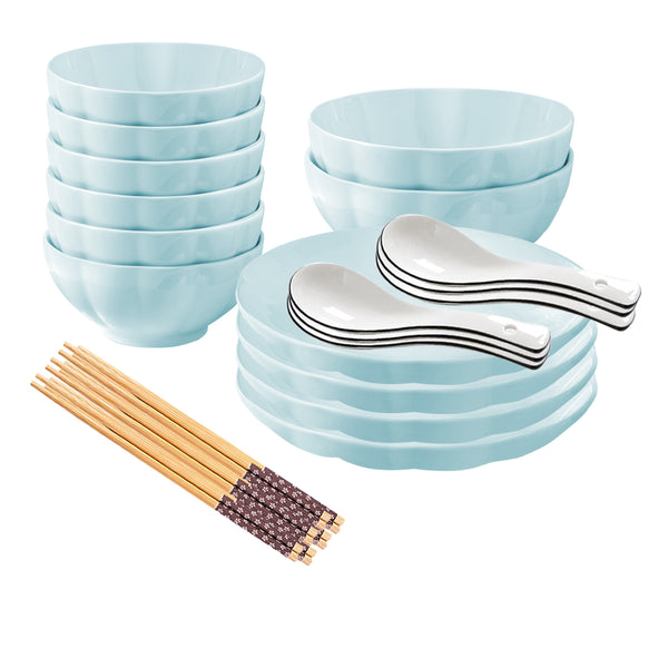 Light Blue Japanese Style Ceramic Dinnerware Crockery Soup Bowl Plate Server Kitchen Home Decor Set of 12