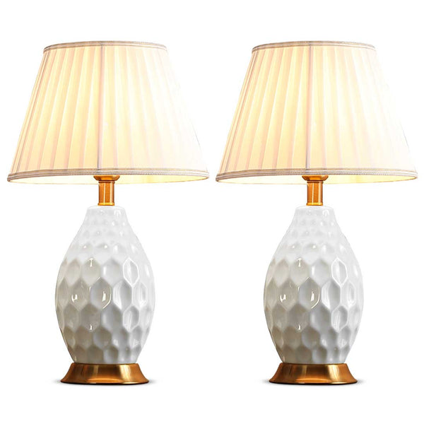 2X Textured Ceramic Oval Table Lamp with Gold Metal Base White