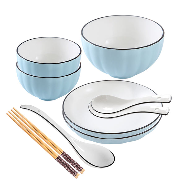 Blue Japanese Style Ceramic Dinnerware Crockery Soup Bowl Plate Server Kitchen Home Decor Set of 7