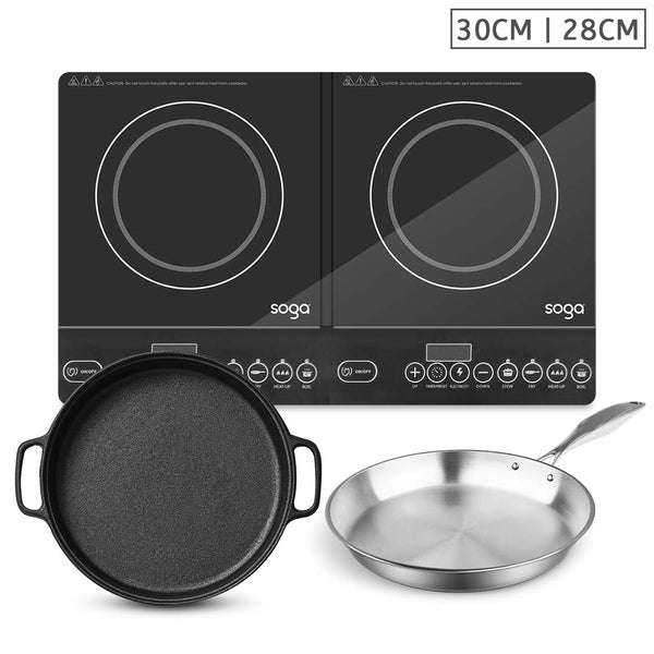 Dual Burners Cooktop Stove, 30cm Cast Iron Frying Pan Skillet and 28cm Induction Fry Pan