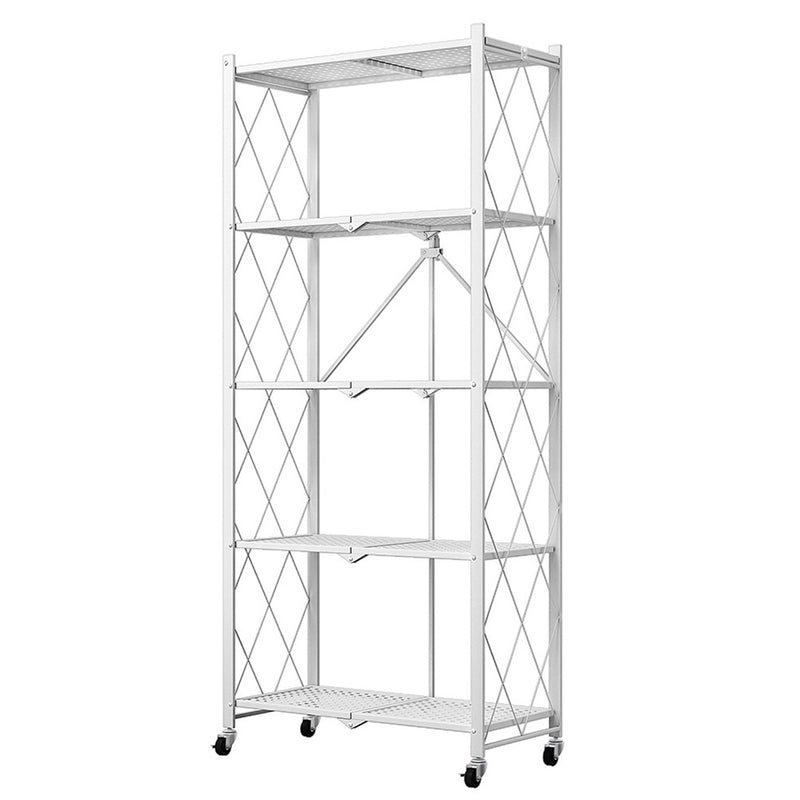 5 Tier Steel White Foldable Kitchen Cart Multi-Functional Shelves Portable Storage Organizer with Wheels