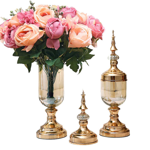2X Clear Glass Flower Vase with Lid and Pink Flower Filler Vase Gold Set