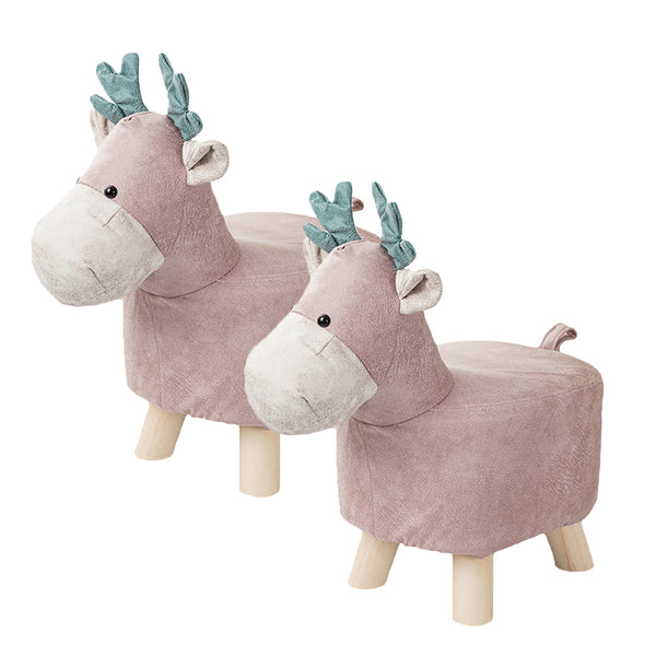 2X Pink Children Bench Deer Character Round Ottoman Stool Soft Small Comfy Seat Home Decor