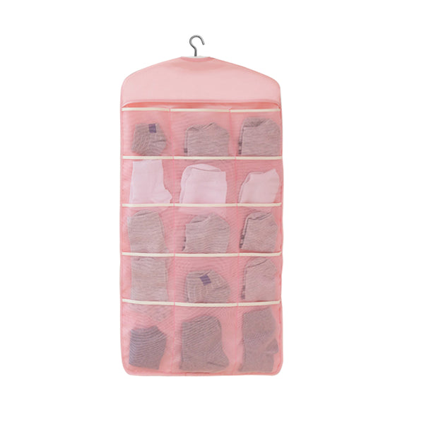 Pink Double Sided Hanging Storage Bag Underwear Bra Socks Mesh Pocket Hanger Home Organiser