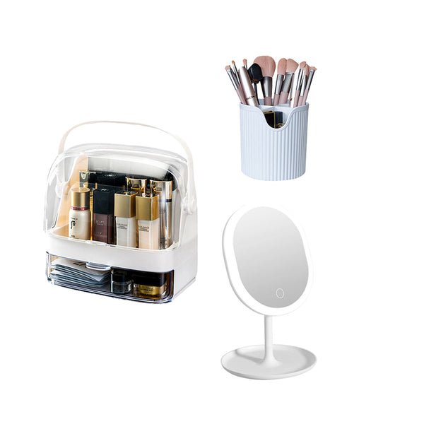 2 Tier White Countertop Cosmetic Makeup Brush Lipstick Holder Organiser and 20cm Rechargeable LED Light Tabletop Mirror Set