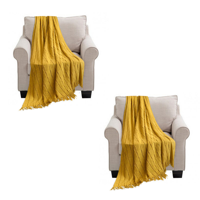 2X Mustard Textured Knitted Throw Blanket Warm Cozy Woven Cover Couch Bed Sofa Home Decor with Tassels