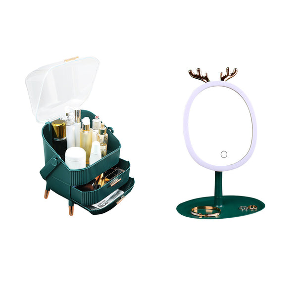Green Cosmetic Jewelry Storage Organiser with Antler LED Light Mirror Tabletop Vanity Set