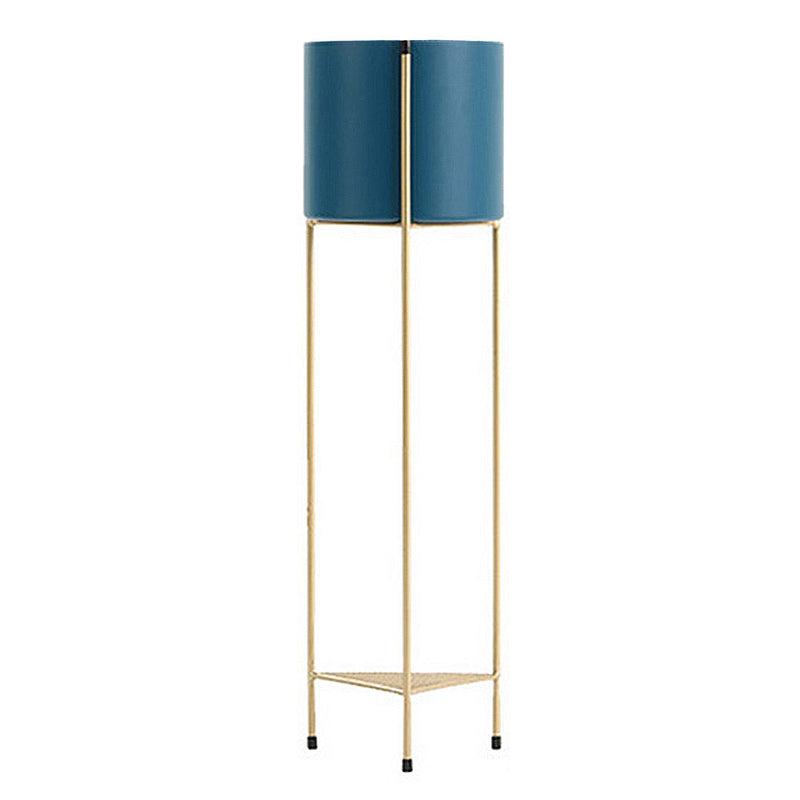 2 Layer 81cm Gold Metal Plant Stand with Blue Flower Pot Holder Corner Shelving Rack Indoor Display