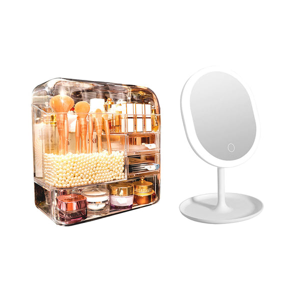 Transparent Cosmetic Storage with Pearls Skincare Holder and 20cm White Rechargeable LED Light Makeup Tabletop Mirror Set