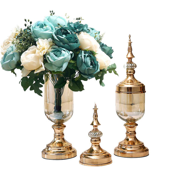 2X Clear Glass Flower Vase with Lid and Blue Flower Filler Vase Gold Set