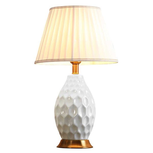 Textured Ceramic Oval Table Lamp with Gold Metal Base White