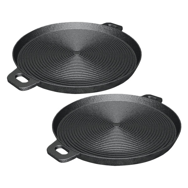2X 35cm Round Ribbed Cast Iron Frying Pan Skillet Steak Sizzle Platter with Handle