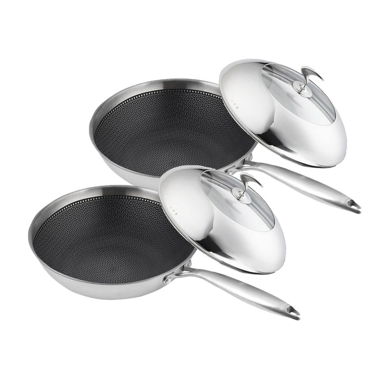 2X 18/10 Stainless Steel Fry Pan 30cm Frying Pan Top Grade Cooking Non Stick Interior Skillet with Lid