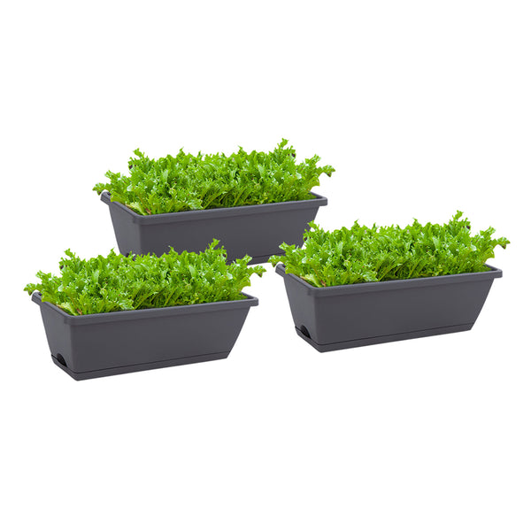 49.5cm Black Rectangular Planter Vegetable Herb Flower Outdoor Plastic Box with Holder Balcony Garden Decor Set of 3