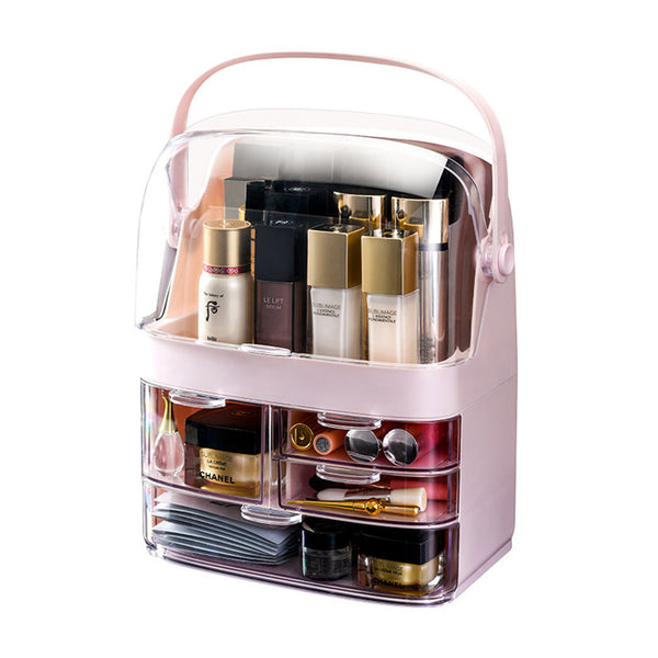 3 Tier Pink Countertop Makeup Cosmetic Storage Organiser Skincare Holder Jewelry Storage Box with Handle