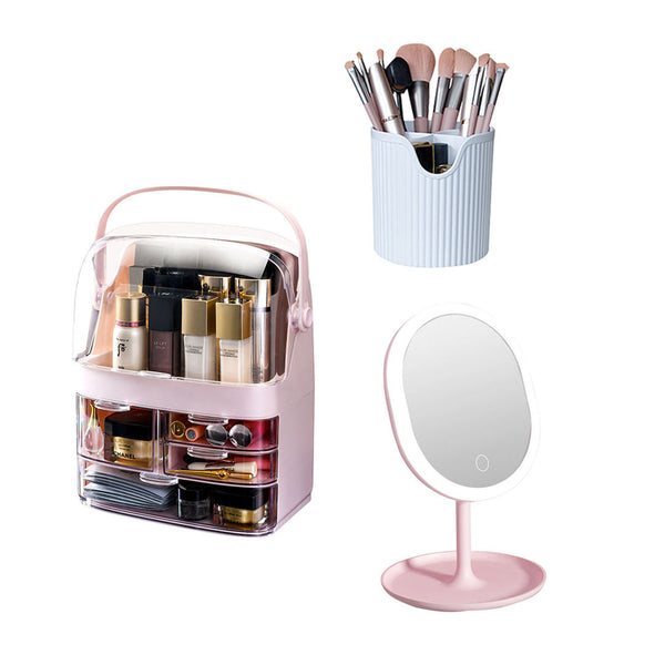 3 Tier Pink Countertop Cosmetic Makeup Brush Lipstick Holder Organiser and 20cm Rechargeable LED Light Tabletop Mirror Set