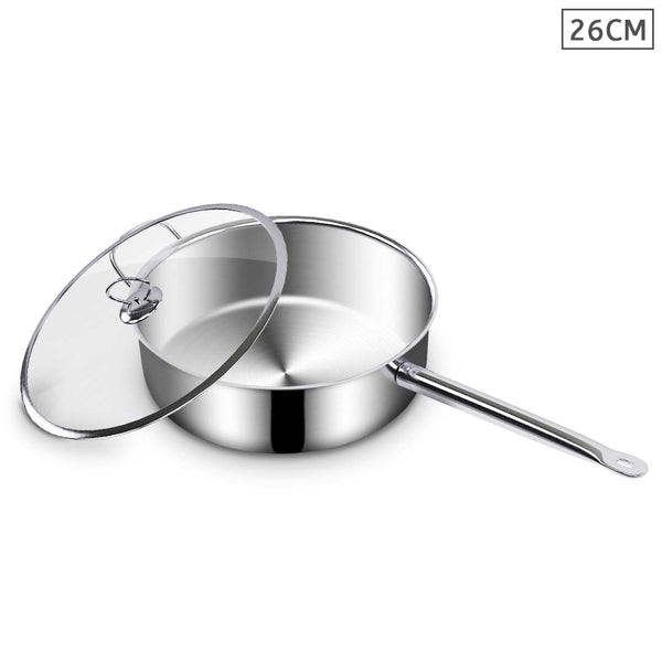 26cm Stainless Steel Saucepan Sauce pan with Glass Lid and Helper Handle Triple Ply Base Cookware