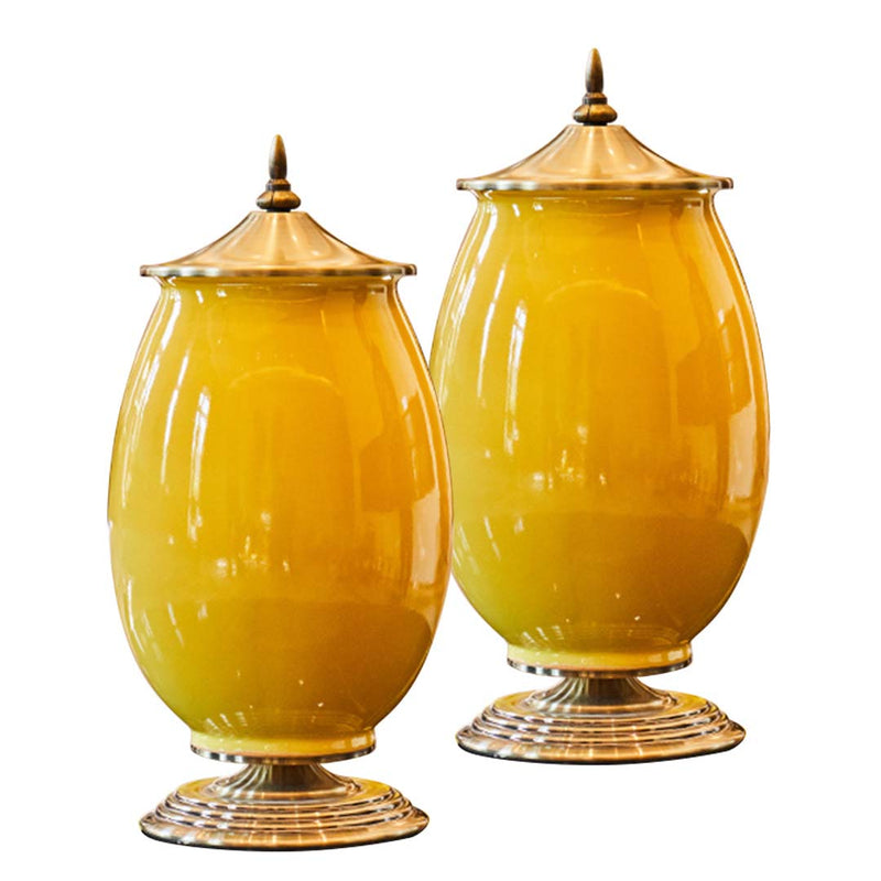 2X 40cm Ceramic Oval Flower Vase with Gold Metal Base Yellow