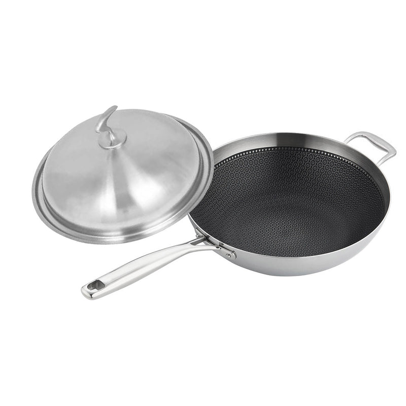 18/10 Stainless Steel Fry Pan 34cm Frying Pan Top Grade Textured Non Stick Interior Skillet with Helper Handle and Lid
