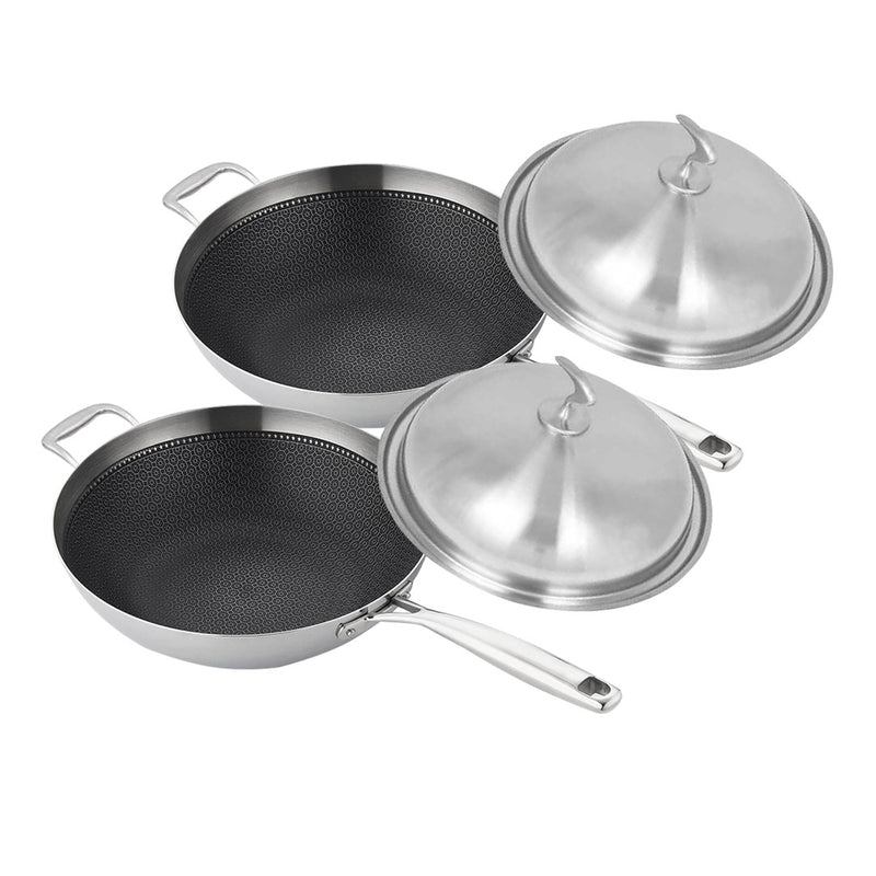 2X 18/10 Stainless Steel Fry Pan 34cm Frying Pan Top Grade Textured Non Stick Interior Skillet with Helper Handle and Lid