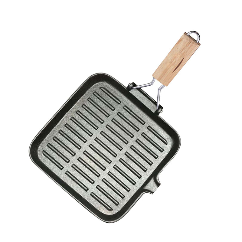 24cm Ribbed Cast Iron Square Steak Frying Grill Skillet Pan with Folding Wooden Handle