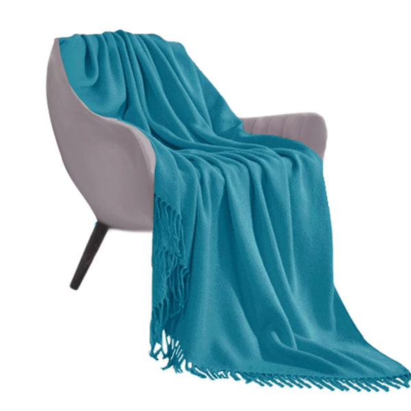 Blue Acrylic Knitted Throw Blanket Solid Fringed Warm Cozy Woven Cover Couch Bed Sofa Home Decor