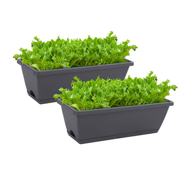 49.5cm Black Rectangular Planter Vegetable Herb Flower Outdoor Plastic Box with Holder Balcony Garden Decor Set of 2