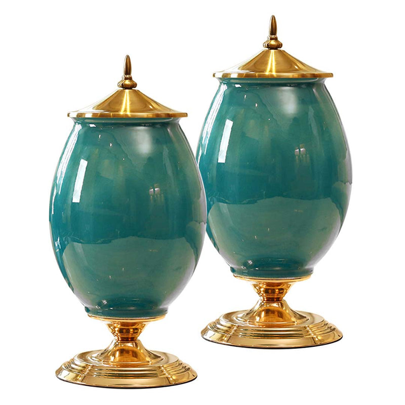 2X 40cm Ceramic Oval Flower Vase with Gold Metal Base Green