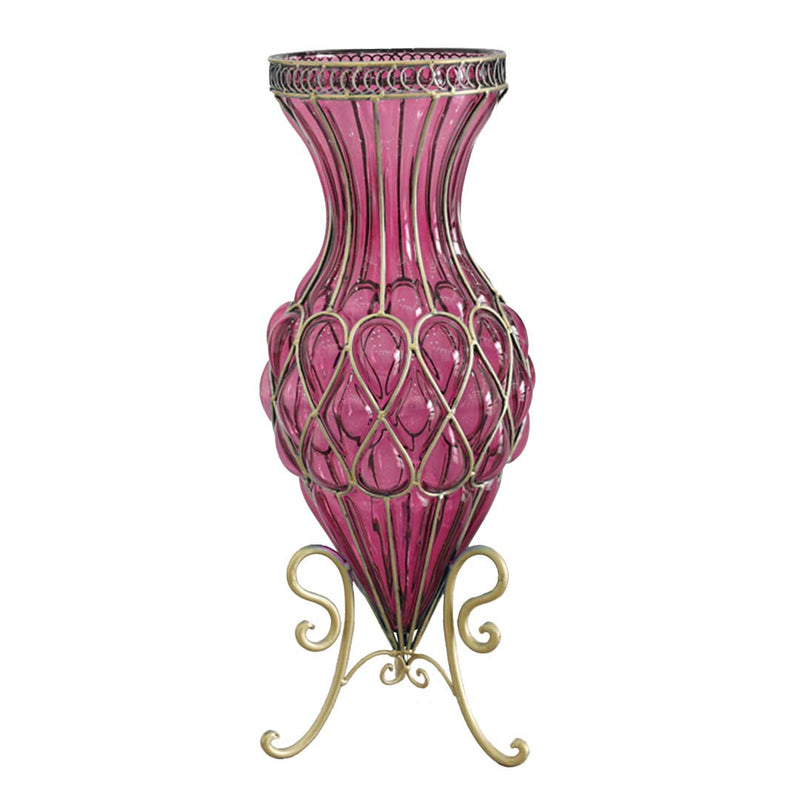 67cm Purple Glass Tall Floor Vase with Metal Flower Stand