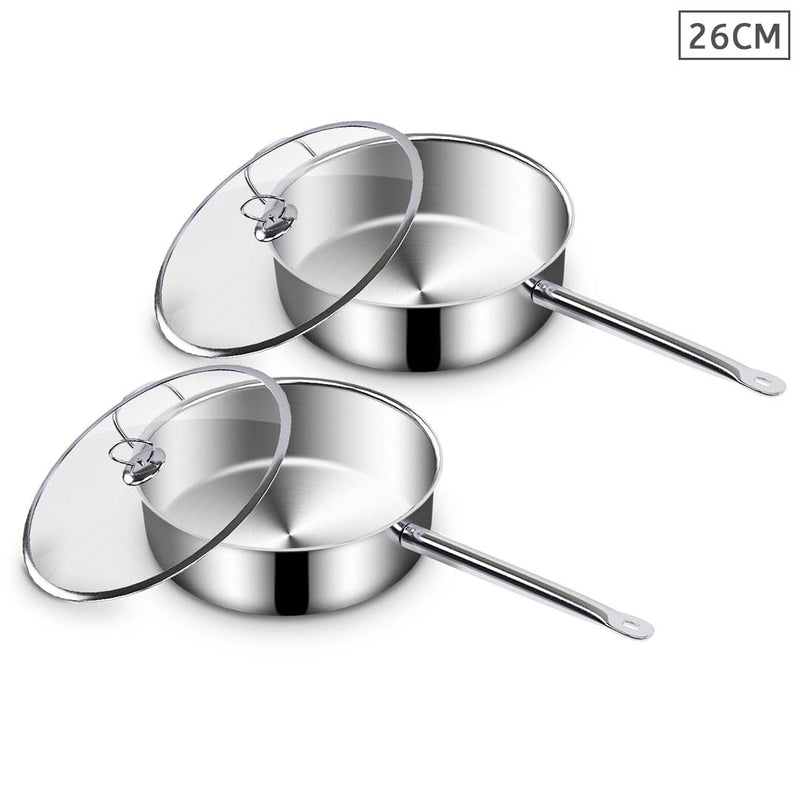 2X 26cm Stainless Steel Saucepan Sauce pan with Glass Lid and Helper Handle Triple Ply Base Cookware