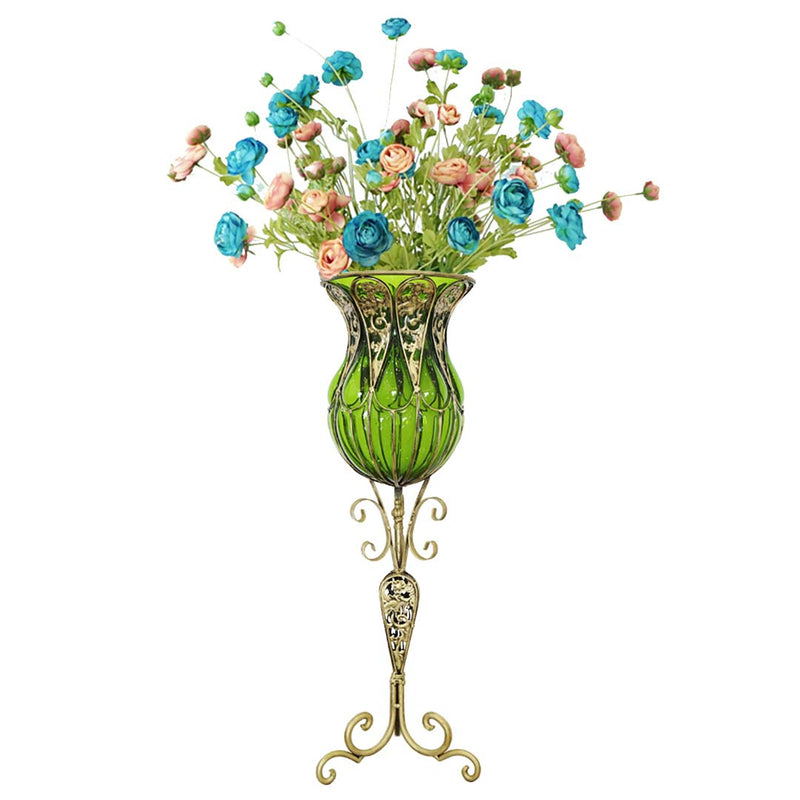 85cm Green Glass Tall Floor Vase and 12pcs Blue Artificial Fake Flower Set