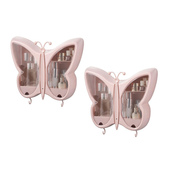 2X Pink Butterfly Shape Wall-Mounted Makeup Organiser Dustproof Waterproof Bathroom Storage Box Home Decor